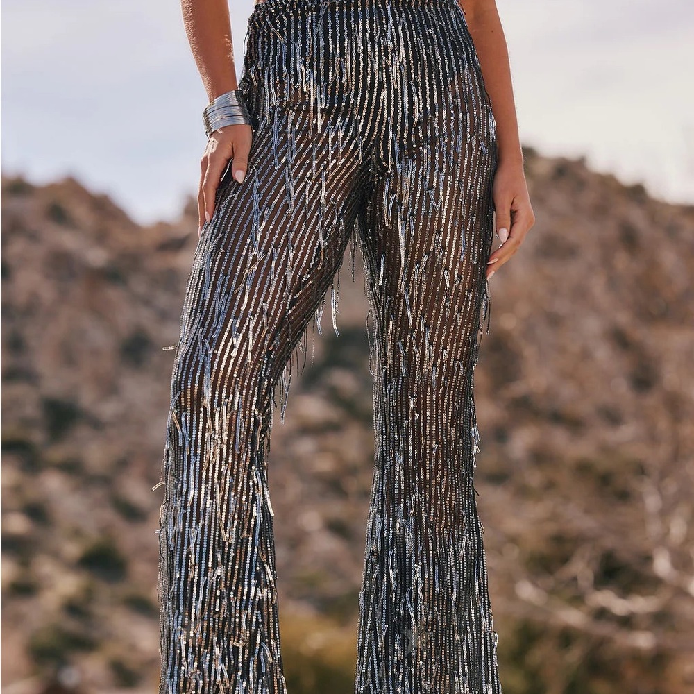 Black fringe sequin pants NWT